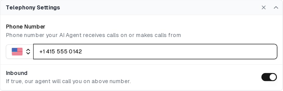 Telephony Settings with the Webex agent's phone number and Inbound enabled