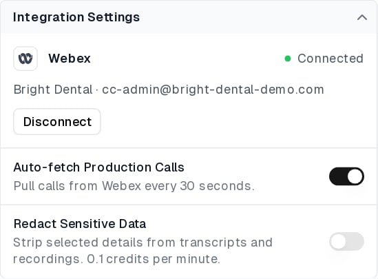 Webex connection showing Connected, the organization and admin account, and the Auto-fetch Production Calls switch