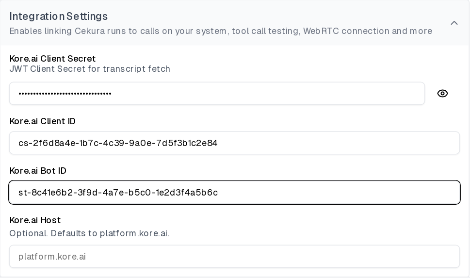 Kore.ai Client Secret, Client ID, Bot ID, and Host fields in Cekura Integration Settings
