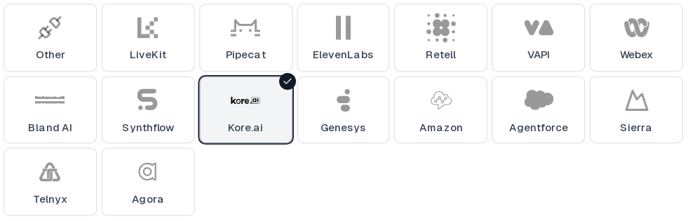 Kore.ai selected in the Cekura provider grid