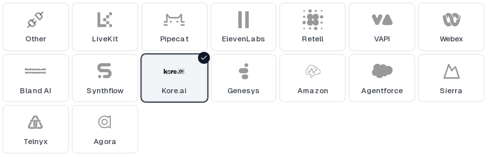 Kore.ai selected in the Cekura provider grid
