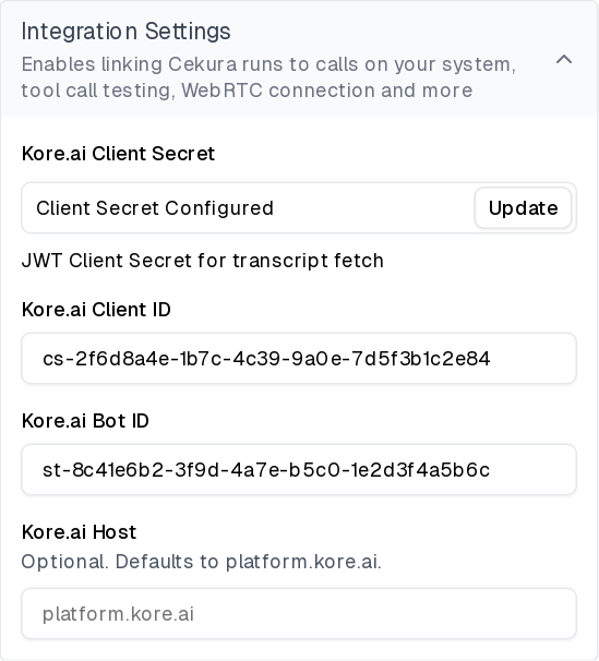 Saved Kore.ai integration settings showing the stored client secret