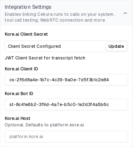 Saved Kore.ai integration settings showing the stored client secret