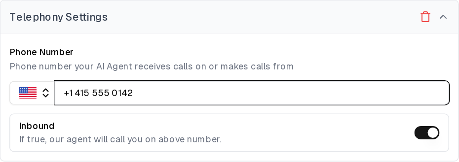 Telephony Settings with the Kore.ai phone number and Inbound enabled