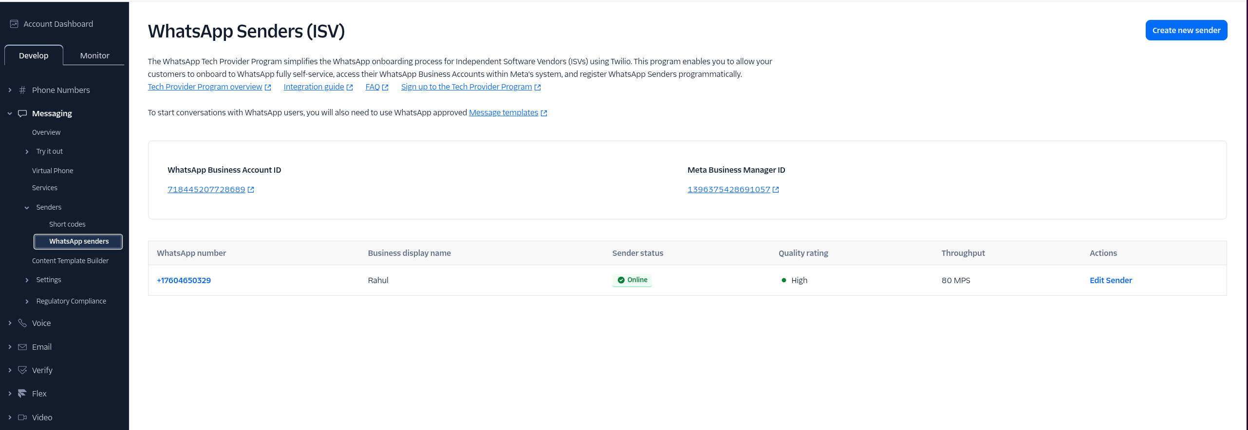 Twilio WhatsApp Sender Configuration