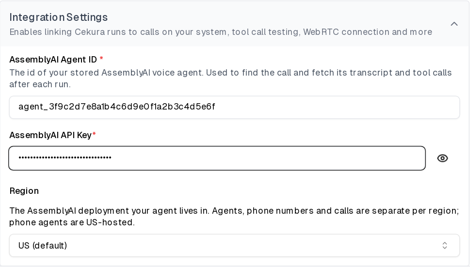 AssemblyAI Agent ID, API Key, and Region fields in Cekura Integration Settings