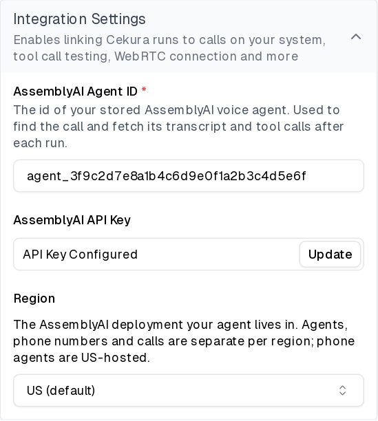 Saved AssemblyAI integration settings showing the stored API key