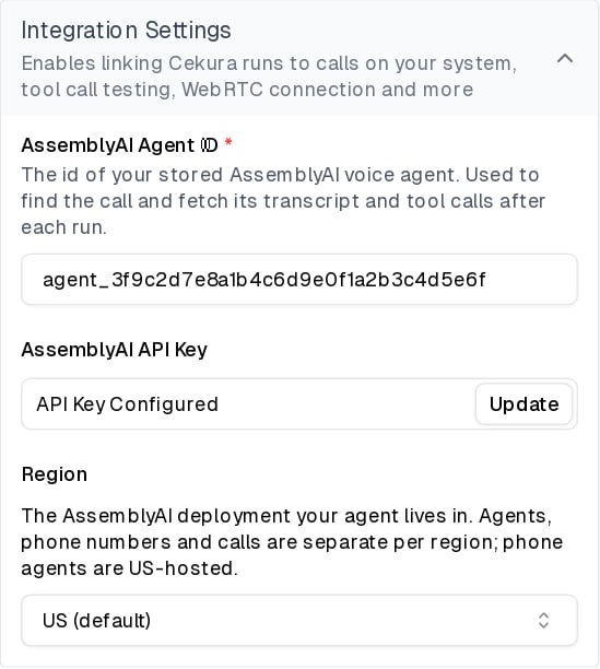 Saved AssemblyAI integration settings showing the stored API key