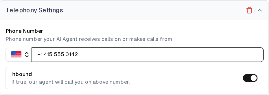 Telephony Settings with the AssemblyAI phone number and Inbound enabled