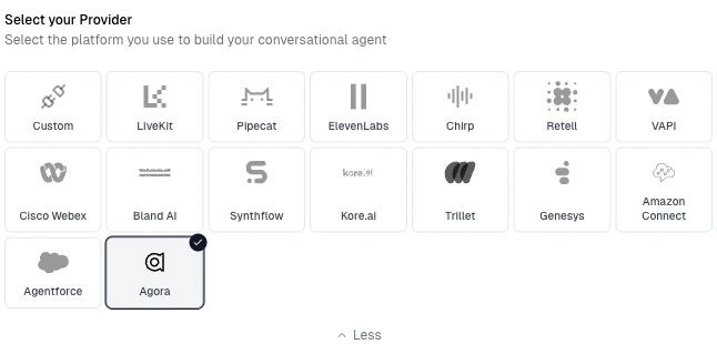 Select Agora in the provider grid