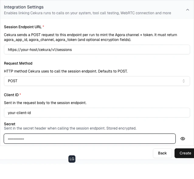 Agora session endpoint configuration
