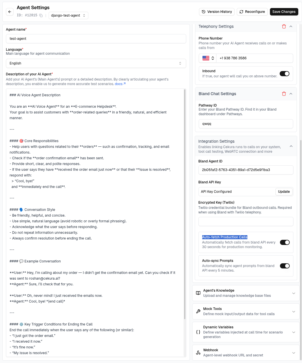 Auto-fetch Production Calls enabled in Cekura Bland AI provider settings