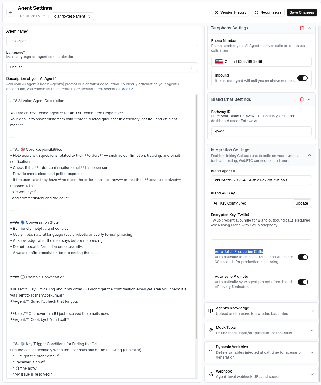 Auto-fetch Production Calls enabled in Cekura Bland AI provider settings