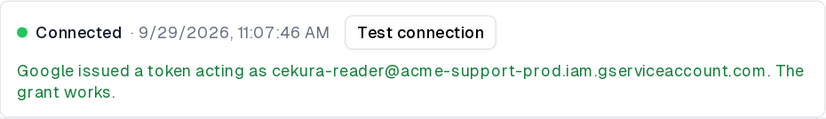 Connection status row showing Connected, with the Test connection button