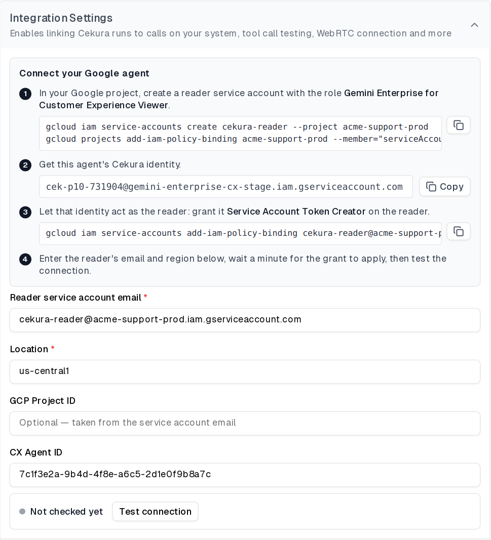 Reader service account email, Location, GCP Project ID and CX Agent ID fields in Cekura Integration Settings