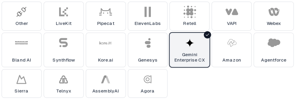 Gemini Enterprise CX selected in the Cekura provider grid