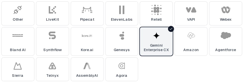 Gemini Enterprise CX selected in the Cekura provider grid
