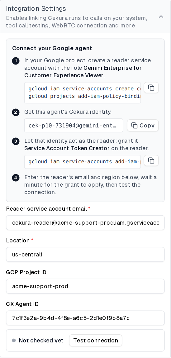 Saved Gemini Enterprise CX integration settings with the connection status