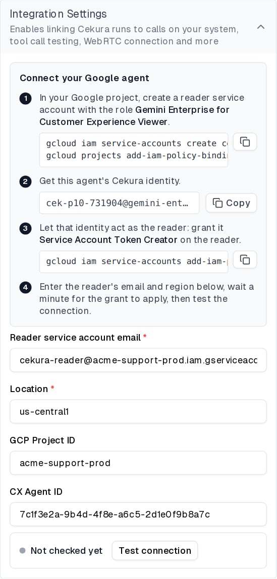 Saved Gemini Enterprise CX integration settings with the connection status