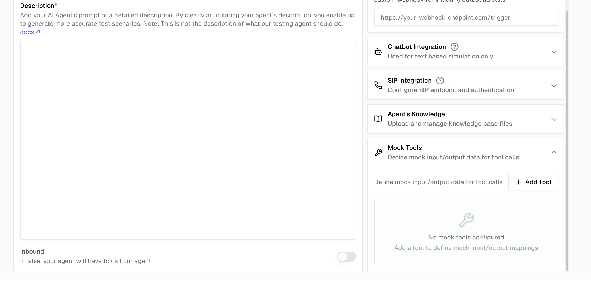 Mock Tools section in Agent Settings showing the interface for adding mock tool data