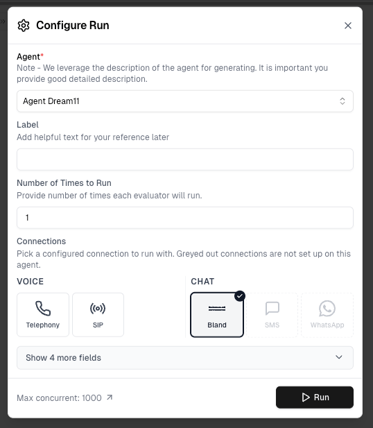Configure Run dialog with Bland chat connection selected