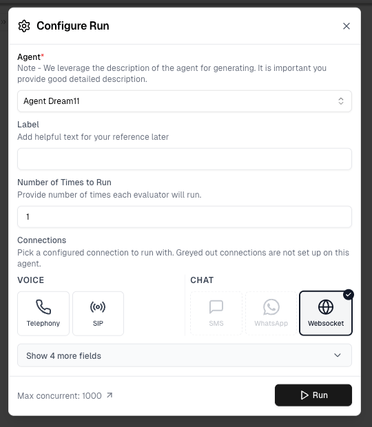 Configure Run dialog with Websocket chat connection selected