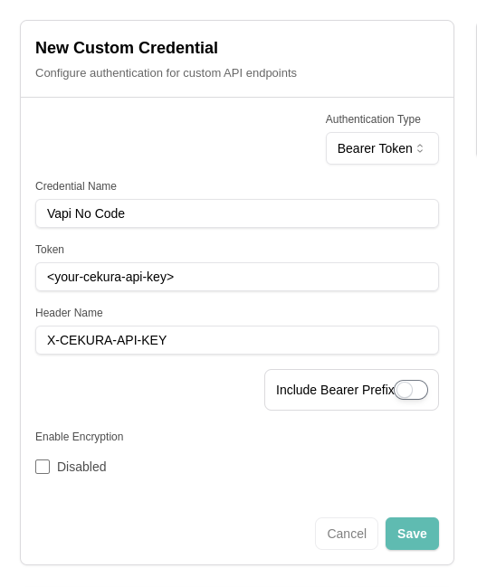 VAPI Cekura Credentials Configuration
