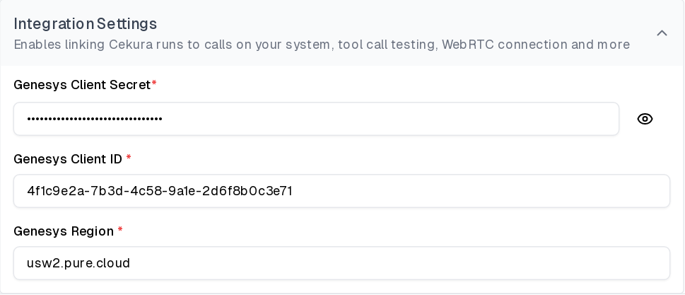 Genesys Client Secret, Client ID, and Region fields in Cekura Integration Settings