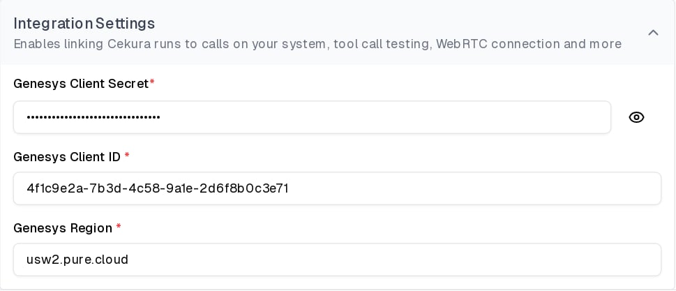 Genesys Client Secret, Client ID, and Region fields in Cekura Integration Settings