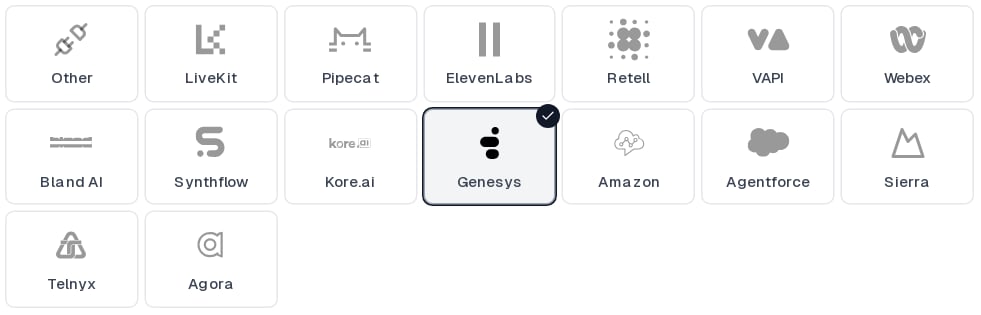 Genesys selected in the Cekura provider grid