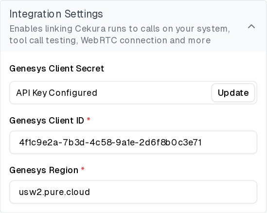Saved Genesys integration settings showing the stored client secret