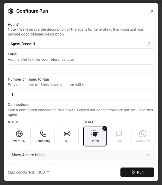 Configure Run dialog showing CHAT connection options