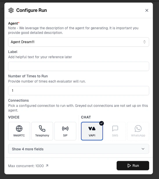 Configure Run dialog with VAPI chat connection selected