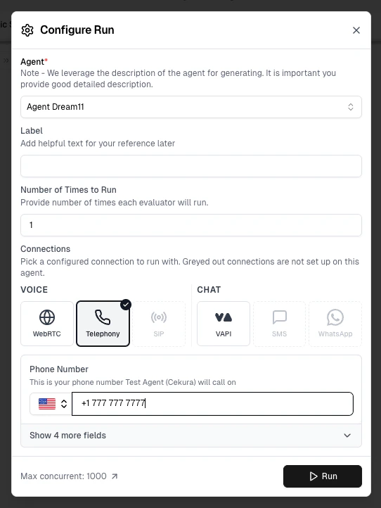 Configure Run dialog with VAPI voice connection selected