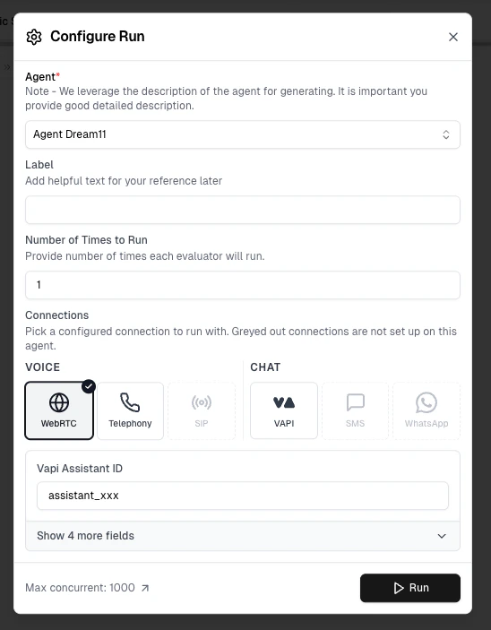 Configure Run dialog with VAPI WebRTC connection selected