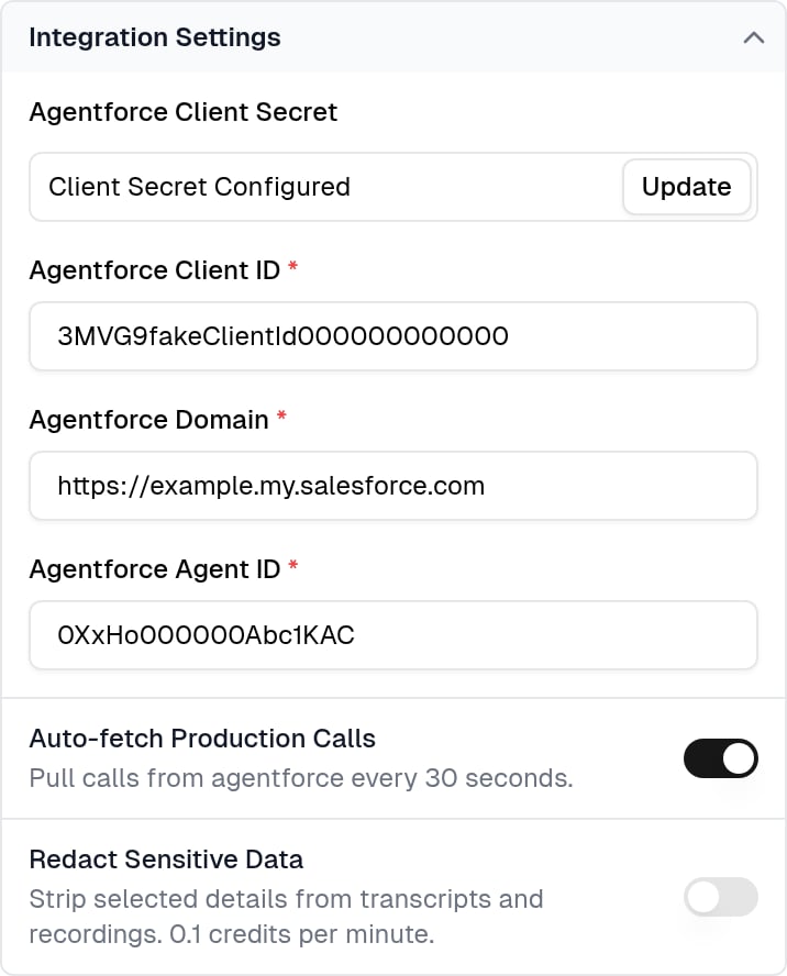 Enable Agentforce production call auto-fetch in Cekura