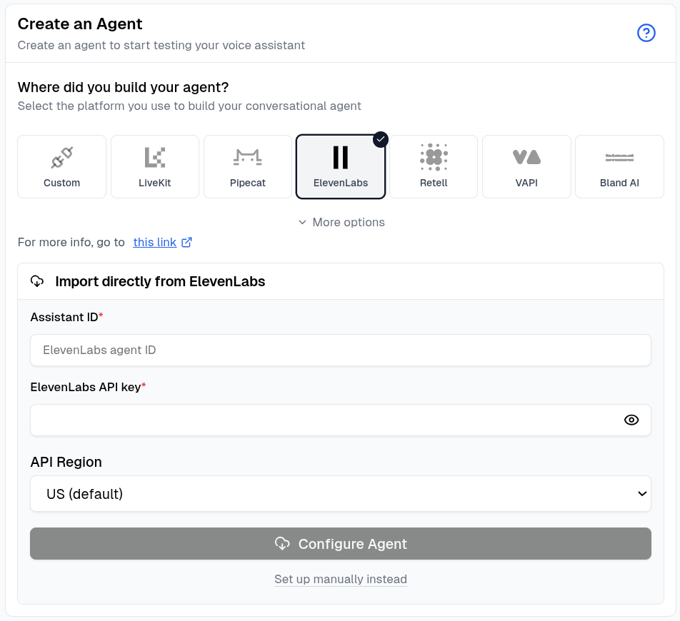 Automatically configure an ElevenLabs agent and select its API region in Cekura