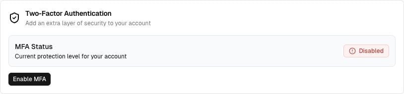 Cekura Account Settings showing disabled MFA status and the Enable MFA button