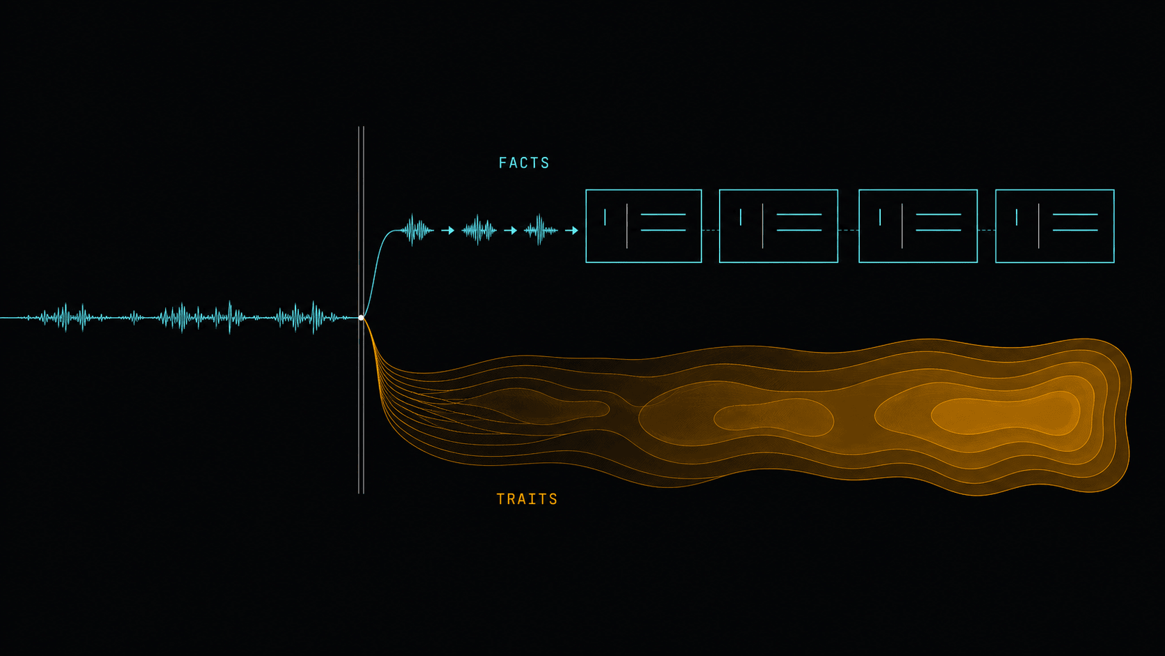 A voice waveform splitting into discrete fact records and a diffuse field of traits