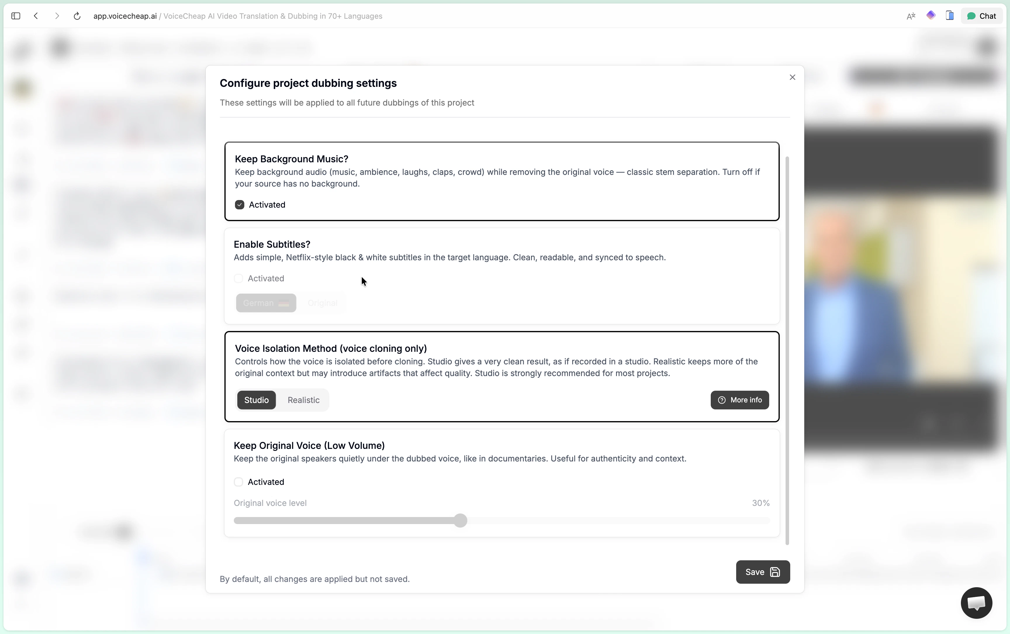Project dubbing settings modal