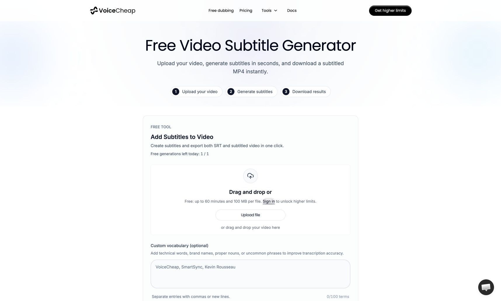 The VoiceCheap Add subtitles video upload area and optional custom vocabulary field