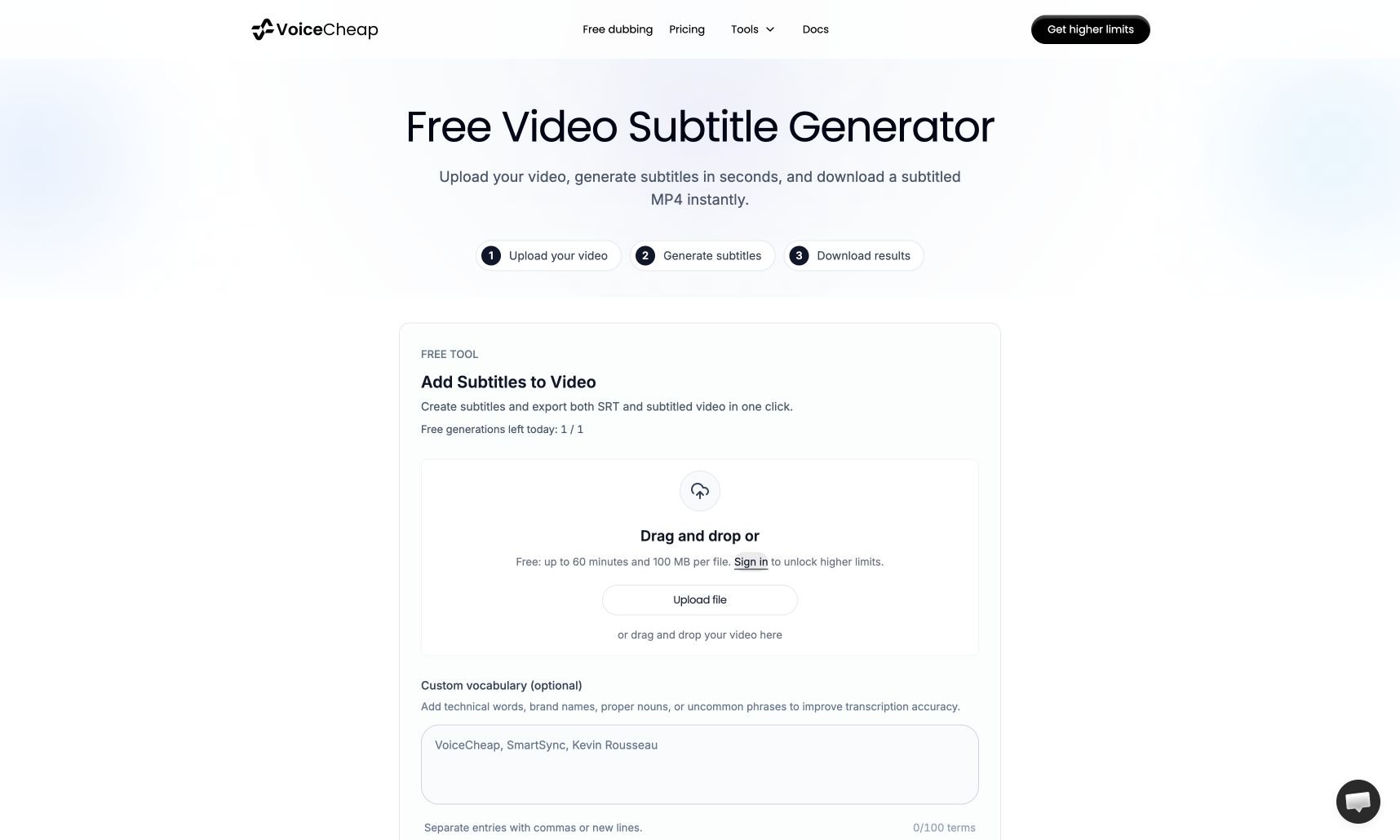 The VoiceCheap Add subtitles video upload area and optional custom vocabulary field