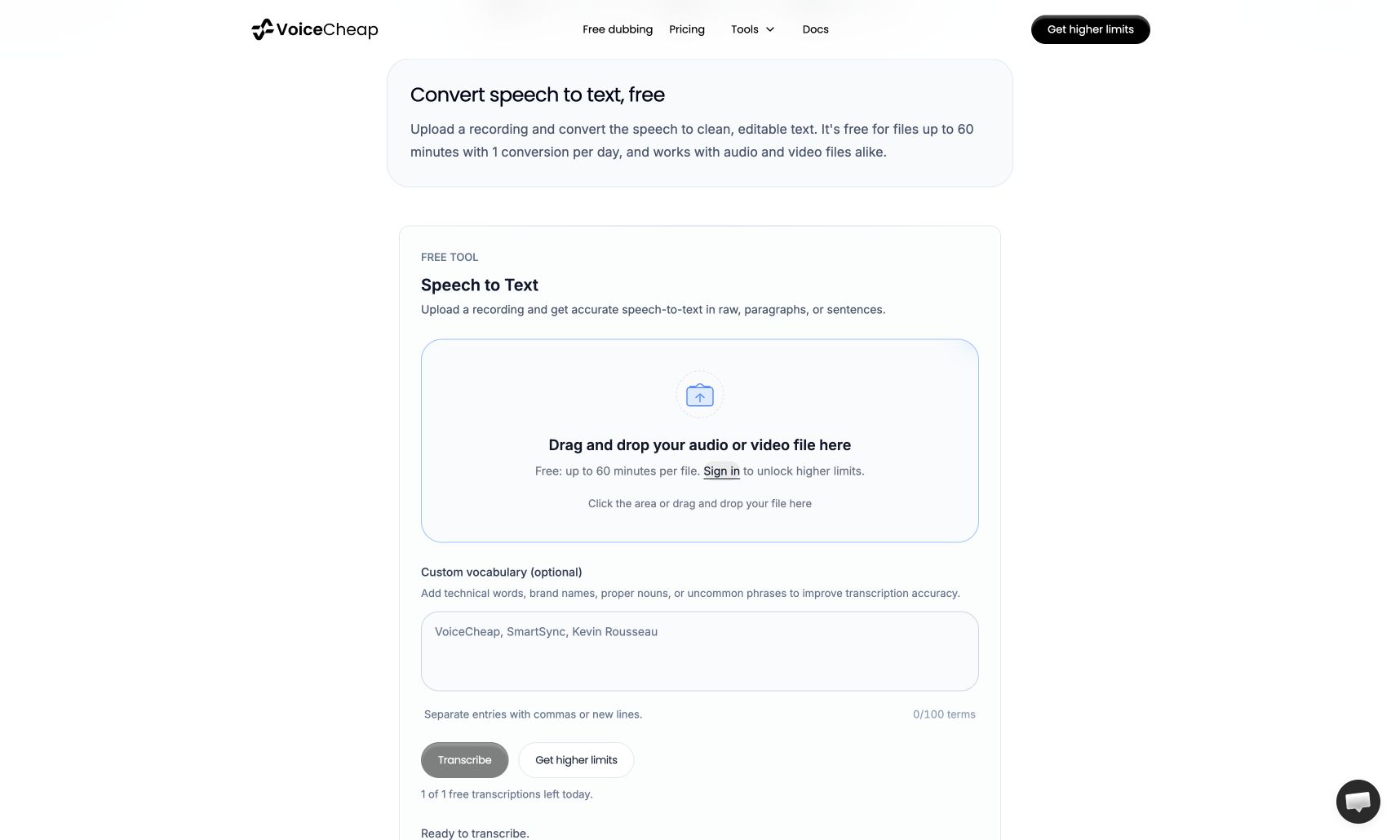 The VoiceCheap speech-to-text upload area, optional custom vocabulary field, and Transcribe button