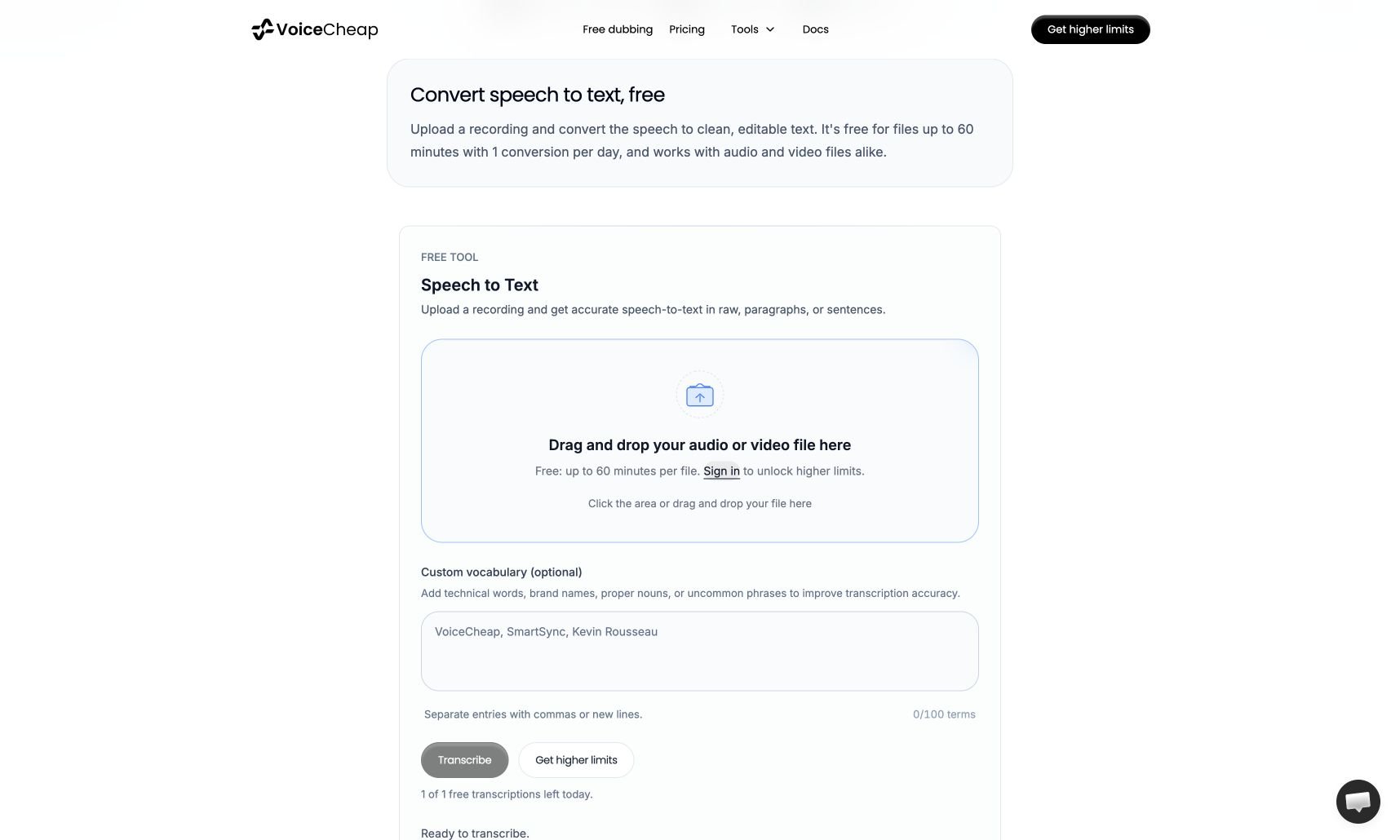 The VoiceCheap speech-to-text upload area, optional custom vocabulary field, and Transcribe button