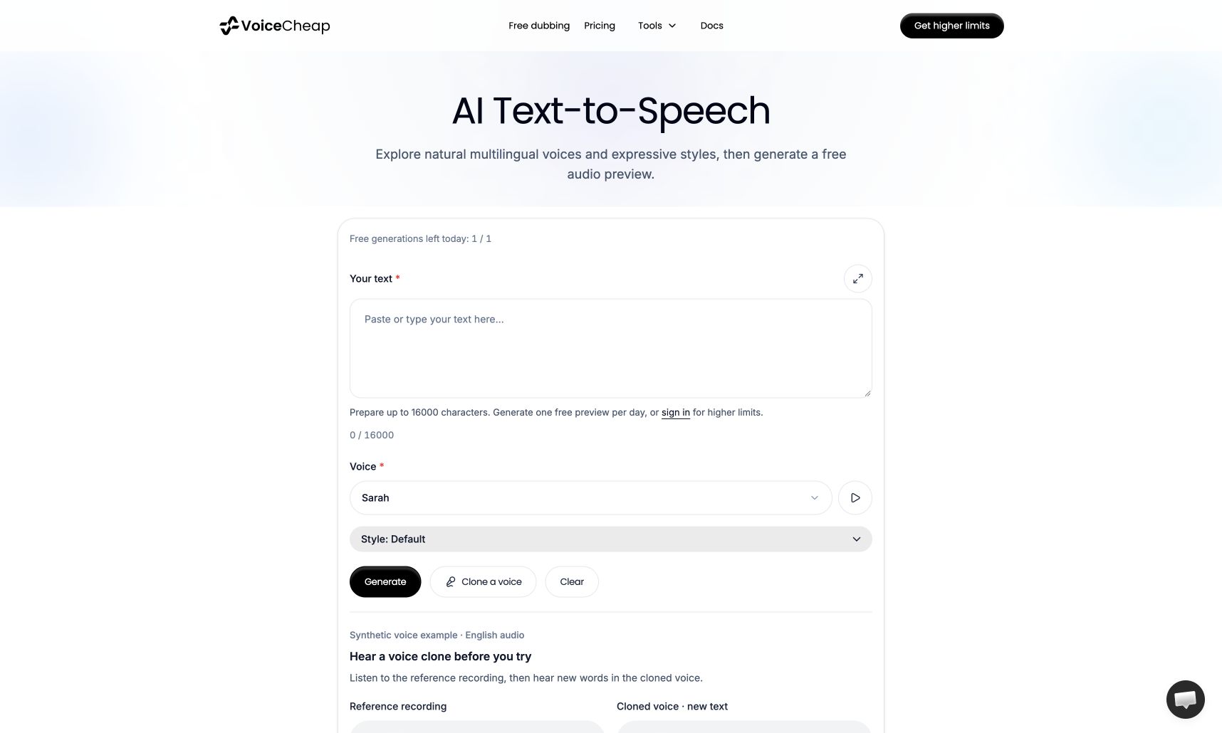 The public VoiceCheap text-to-speech editor, with the text field, voice selector, style selector, and Generate button