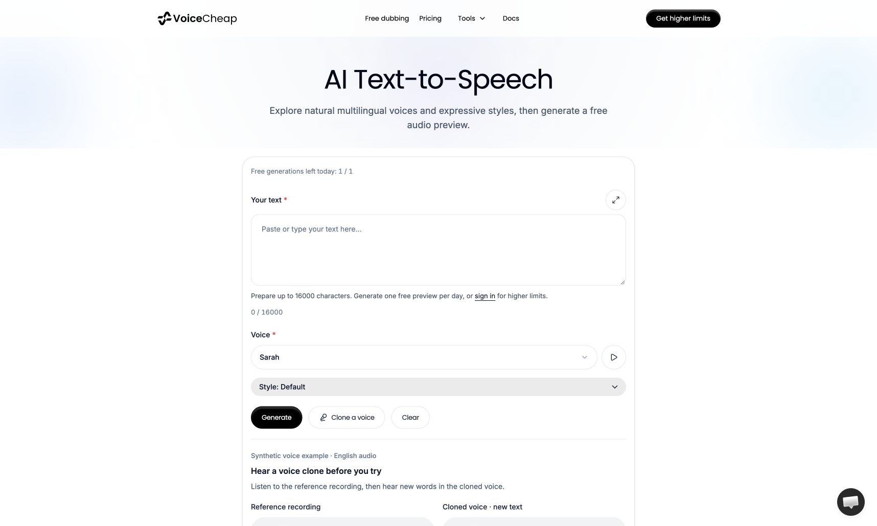 The public VoiceCheap text-to-speech editor, with the text field, voice selector, style selector, and Generate button