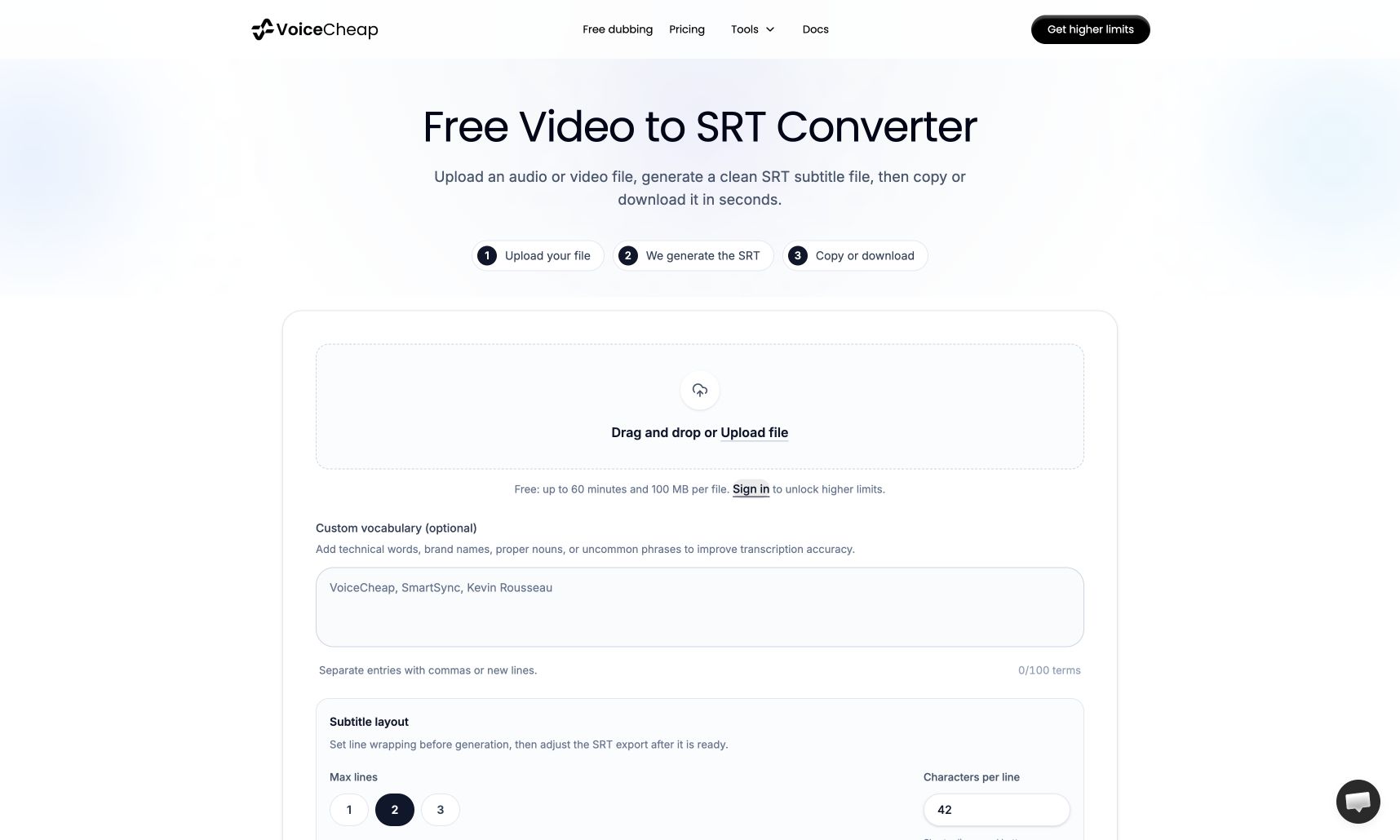 The VoiceCheap Video to SRT upload area, custom vocabulary field, and subtitle layout controls