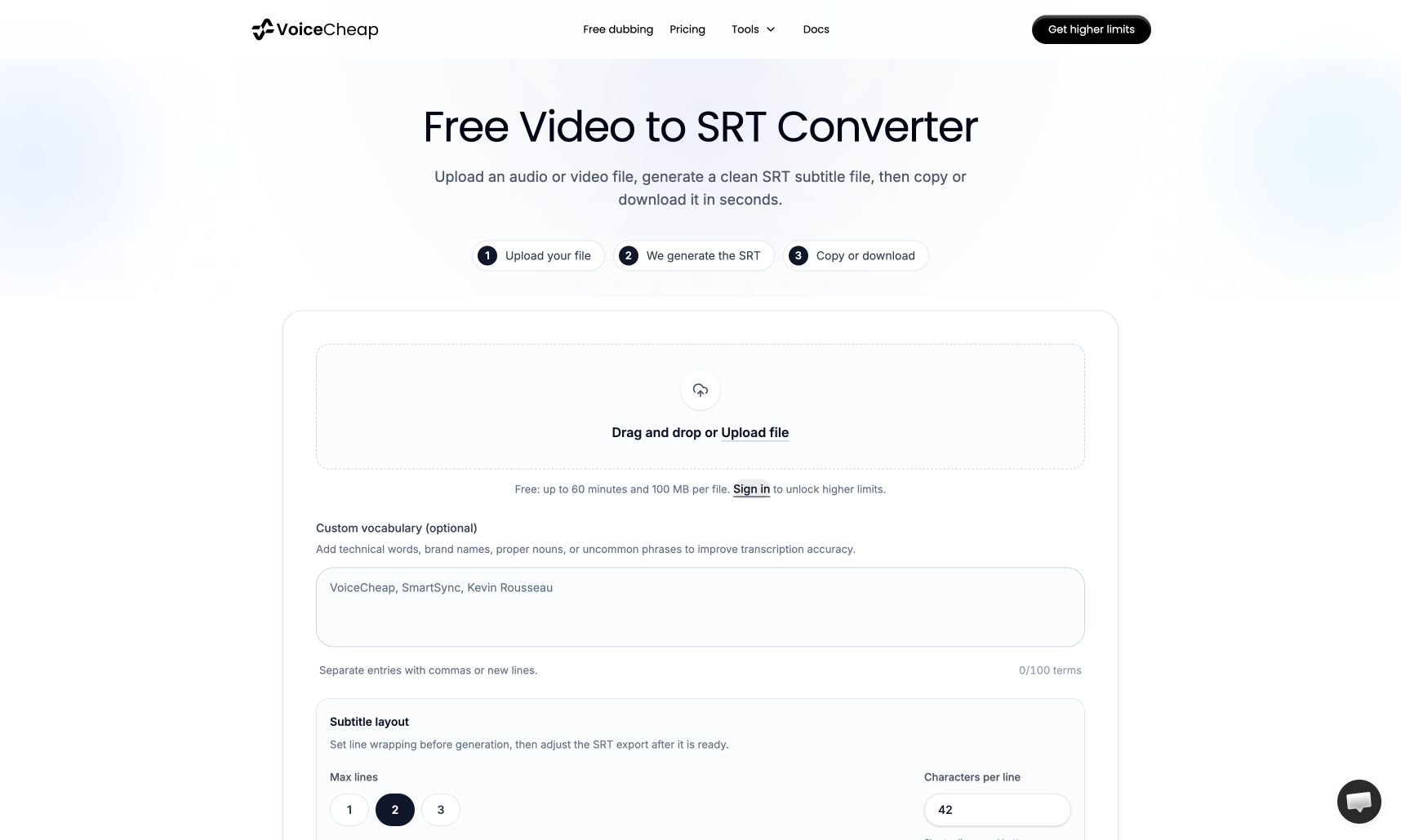 The VoiceCheap Video to SRT upload area, custom vocabulary field, and subtitle layout controls
