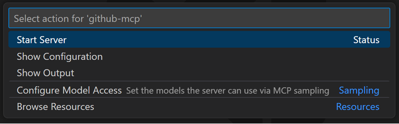 显示Start Server选项的VS Code官方MCP操作菜单