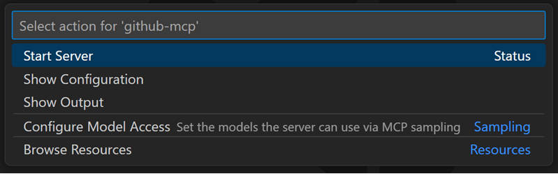 显示Start Server选项的VS Code官方MCP操作菜单